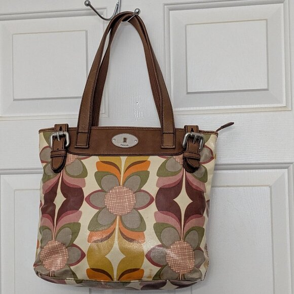 Vintage Fossil KeyPer Vibrant Floral Coated Canvas and Brown Leather Tote Should - Picture 1 of 16